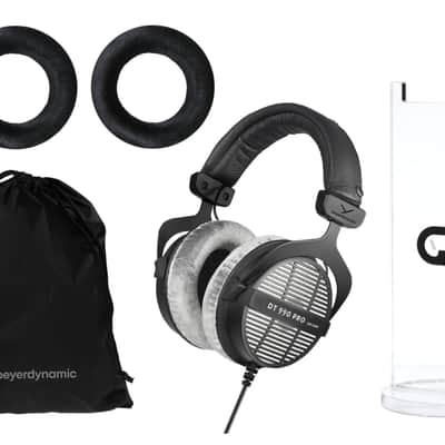 Beyerdynamic DT 990 Pro 250 Ohm Open-Back Over-Ear Monitoring Headphones in Gray Bundled with Replacement EDT 990 VB Ear Pad Set Velour in Black and Headphone Stand (3 Products) image 1