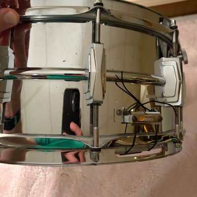 Ludwig No. 402 Supraphonic 6.5x14" 10-Lug Aluminum Snare Drum with Pointed Blue/Olive Badge 1969 - 1979 - Chrome-Plated image 15