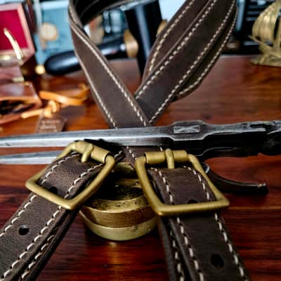 Hand Made, Hand Stitched Guitar strap "Rockatansky" in Elephant & Beige - Vegetable Tanned Leather image 14