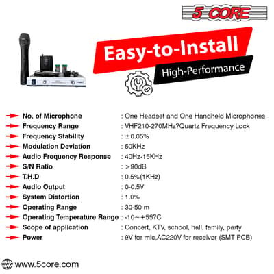 5Core Wireless Microphones w 2 Headset Portable Mini Microfono Inalambricos + Receiver 165ft Range image 5
