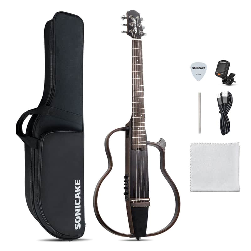 SONICAKE Acoustic Electric Travel Guitar, Portable Practice Silent Guitar with Preamp System, EQ/Reverb/Chorus, Solid Mahogany Body, Adult & Beginner Bundle with Gig Bag & Accessories QGT-01 image 1