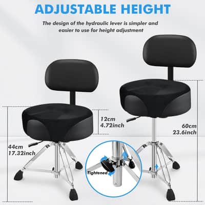 Pro Drum Stool with Backrest, Heavy Duty Hydraulic Drum Throne, Velvet-Covered Ergonomic Memory Foam Drum Seat, Adjustable Drum Chair Anti-Slip Base, Drum Saddle Bench for Drummers (Black) image 2