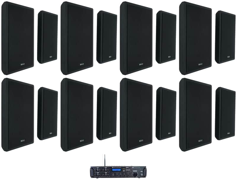 Rockville Rock Zone 8 Ch. Receiver+(16) Black Slim Wall Speakers For Restaurant image 1