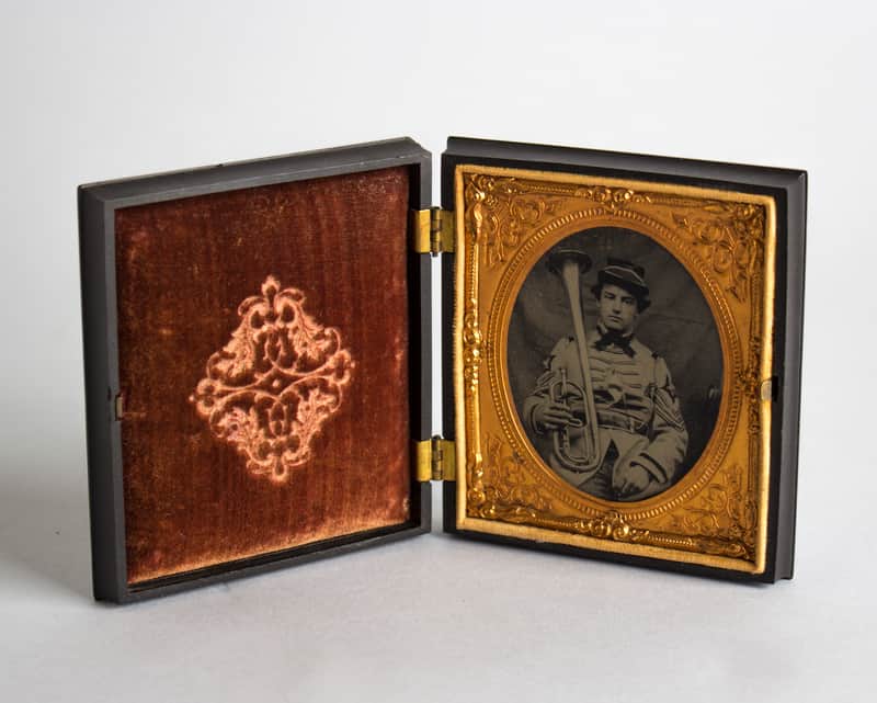 Ambrotype of  a Militia Regimental Band Musician with an "Over-The-Shoulder" Horn 1850s image 1