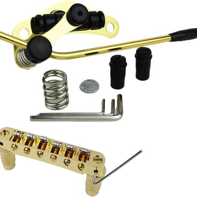Guitar Bridge Stop Bar Tailpiece Tremolo TM85 and GM005 Tune-O-Matic Roller Saddle Bridge Combo Replacement Part Compatible with Les Paul LP SG 6 String Electric Guitars, Gold+Black image 1
