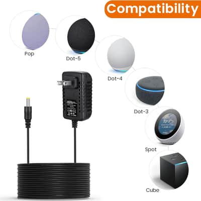 15W Power Adapter Replacement for Echo Pop, Dot 5th Gen, Dot 4th Gen, Dot 3rd Gen, Kids Edition, TV Cube Smart Speakers - Black Charger Cord Plug Long Cable, 5ft image 6