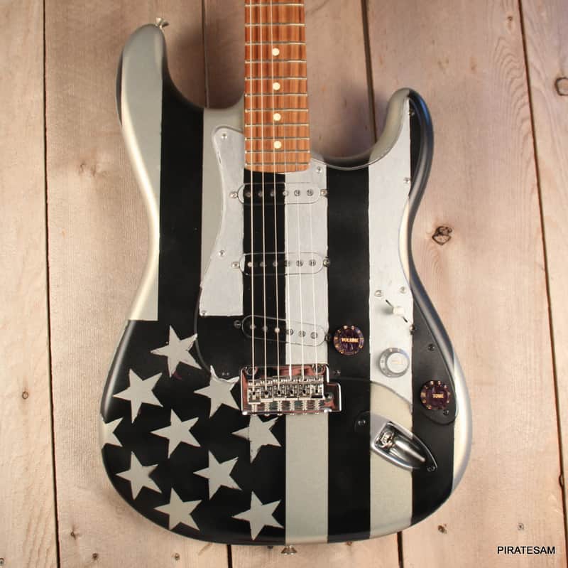 Fender Player Stratocaster Custom Art Guitar " Black N Silver Flag "