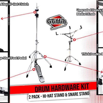 Drum Hardware Set - Hi-Hat Stand & Snare Drum Stand (2-Piece Kit) by GRIFFIN | Hi-Hat Pedal with Pull Chain, Chrome Double-Braced Kit & Mount Basket for Snares, Tom Drums & Practice Pad image 10