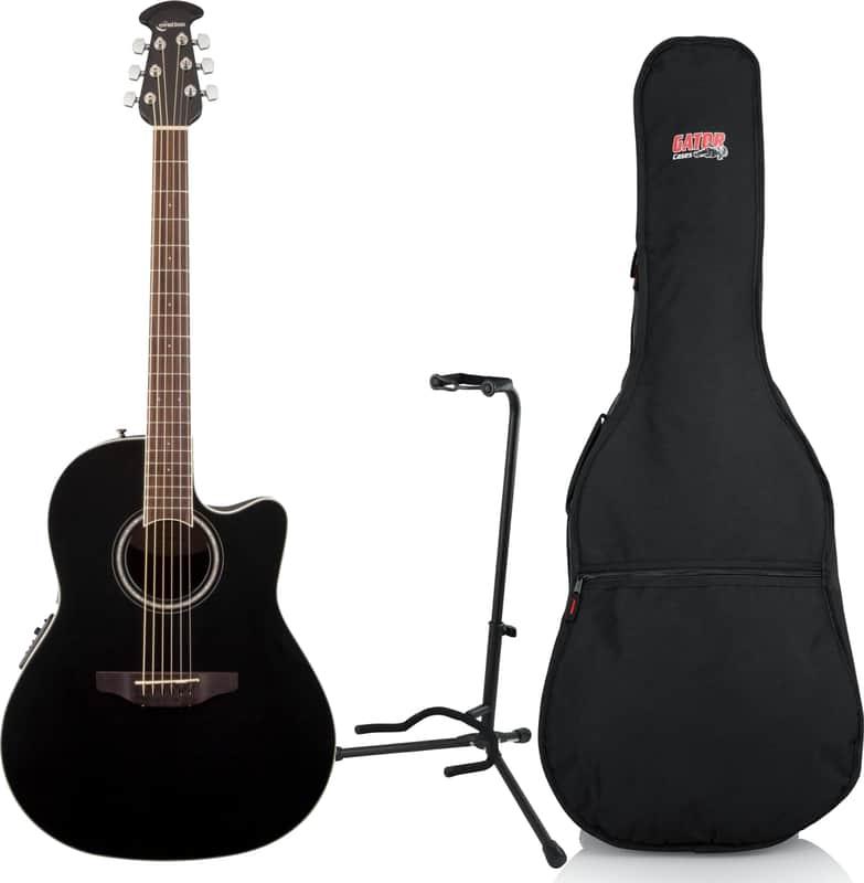 Ovation Celebrity Standard Mid Depth Acoustic-Electric Guitar, Black w/ Gig Bag and Guitar Stand image 1