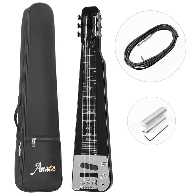 Amuic Lap Steel Guitar, Slide Steel Guitar Electric, 6 Strings Slotted Head Stock Guitars with Gig Bag & Slide Bar (Black) image 1