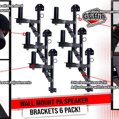 PA Speaker Wall Mount Bracket Stands (6 PACK) by GRIFFIN | All-Steel Pro-Audio 35mm Pole Holders with Securing Locking Pin & 3-Level Tilt Adjustments | DJ On-Stage Studio Monitor Holders image 13