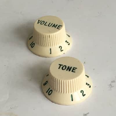 Two Vintage Fender Knobs Strat Green Numbers Fonts Relic Stratocaster 3 Spokes image 6