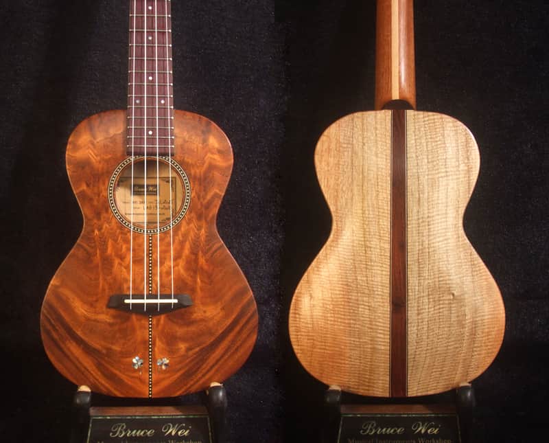 Handcrafted Soprano Ukulele, Curly Acacia, Curly Maple Archback , Abalone Inlay, Soft-bag, Bruce Wei UAG13-2024 image 1