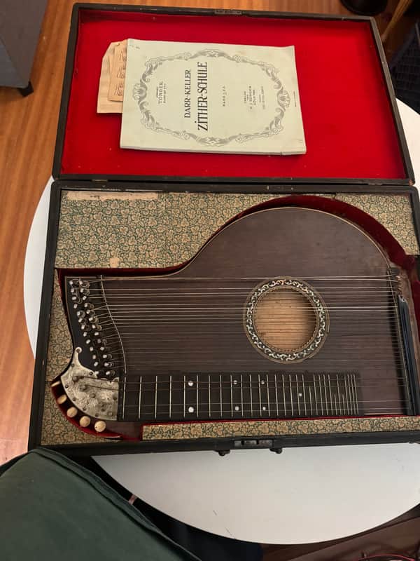 Antique German Zither in Original Case w/ Sheet Music – Easy Restoration Project image 1