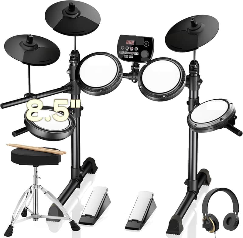 Electric Drum Set: Dual Zone Snare Drum,2 Cymbals w/Choke, 200 Sounds, 4 Quiet Mesh Drum Pads, Portable Electronic Drum Kit for Beginner, Bluetooth, MIDI, Throne, Headphone, Sticks image 1