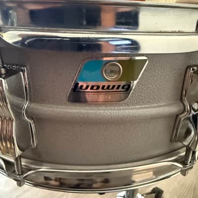 Ludwig L-404 Acrolite 5x14" 8-Lug Aluminum Snare Drum with Rounded Blue/Olive Badge 1979 - 1993 - Gray image 10