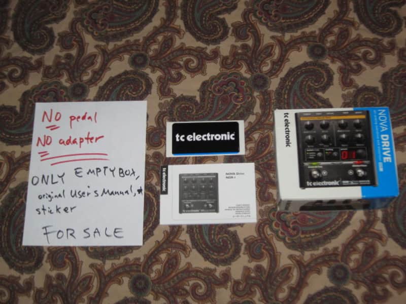 litely handled TC Electronic EMPTY Cardboard Box + original User's Manual & sticker for NDR-1 Nova Drive OD & Distortion (NO: pedal, adapter) late 2000s-early 2010s (part of 2 outer sides of BOX were spray painted white to cover water stains) image 1