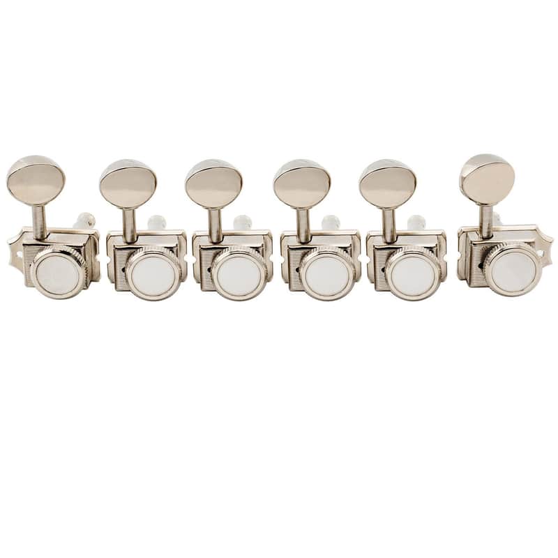 R15T 6-in-line 14:1 Ratio Semi Closed Vintage Hybrid Style Locking Machine Heads Tuners with Vintage Oval Button for Fender Squier Strat Tele Style Electric Guitar, Nickel image 1