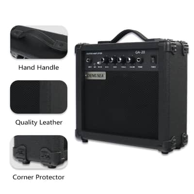 Demusea Electric Guitar Amplifier 20w Guitar Amp Starter Beginner Practice Small Portable Travel Headphone Aux Distortion Gain Treble Bass Volume Noiseless Cable Adapter Pick Aux Cable Earphone (BK) image 4