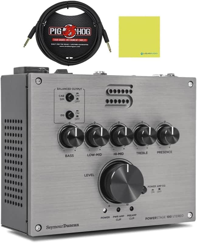 Seymour Duncan PowerStage 100 Stereo Pedalboard Amp Bundle with 10 ft Pig Hog PCH10BK Black Woven Instrument Cable and Liquid Audio Instrument Polishing Cloth - 100 Watt Stereo Guitar Amp Head image 1