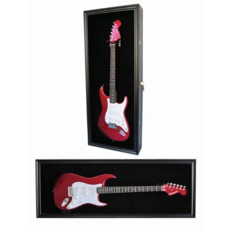 DisplayGifts 42" Electric Guitar Display Case Cabinet Shadow Box with Guitar Hanger Stand, Lockable UV Protection Black Felt Interior with Black Frame image 1
