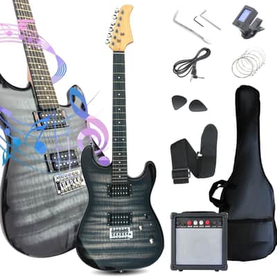 39" Full Size Style Electric Guitar Starter Kit with HH Pickup, 20W Portable Amp, Tuner, Gig Bag, Strap & Accessories (Black Flame) image 1