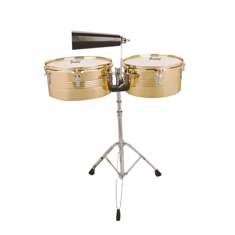 Glarry 13" & 14" Timbales Drum Set with Stand and Cowbell Golden image 1