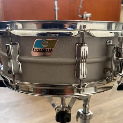 Ludwig L-404 Acrolite 5x14" 8-Lug Aluminum Snare Drum with Rounded Blue/Olive Badge 1979 - 1993 - Gray image 1