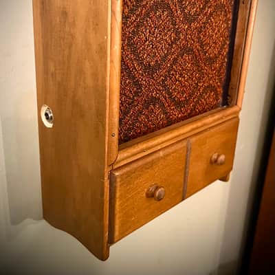 Rotary Connection Mini wallhanging guitar speaker cab. 5” Jensen Mod 5/30 speaker. Lil’ drawer for picks. Vintage style/sound. 2026 - Wood image 2