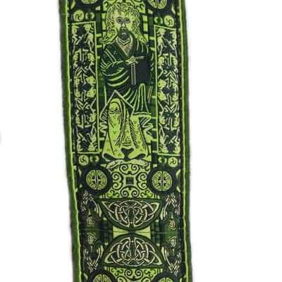 Handmade Green Irish Celtic Book Of Kells Hemp Guitar Strap by VTAR, with Brass Details and Brown Vegan Leather. For Acoustic, Bass and Electric image 2