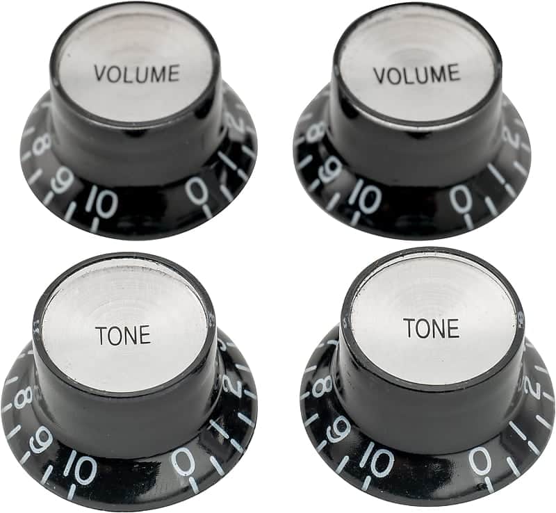 Pro Metric Size 18 Spline Top Hat Bell Reflector 2 Volume 2 Tone Knobs Set for Epiphone Les Paul SG Electric Guitar Asia Import Guitar Bass Split Shaft Pots, Black with Silver Top image 1