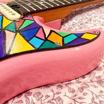 1 of 1 Custom Pink Strat Style HSS Electric Guitar w/ Hand Painted Pickgaurd image 4