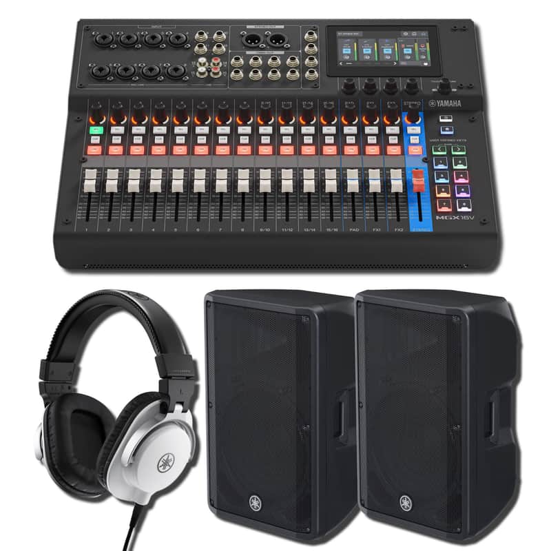 Yamaha MGX16V B 22-Channel Digital Mixing Console White Studio PA Bundle with 2x DBR15 15-Inch 1,000W Powered Speakers and HPH-MT5W White Studio Monitor Headphones image 1