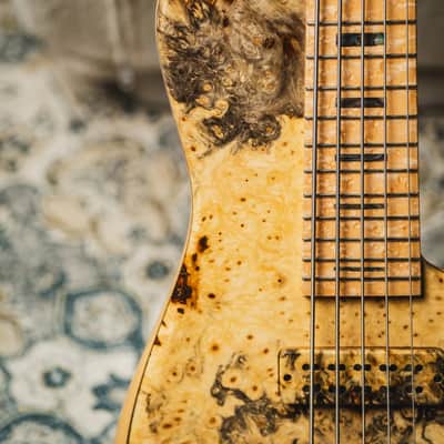 Fodera Custom Imperial Elite 5-Buckeye Burl Top w/5-Piece Maple Neck, Birdseye Maple FB & Abalone Block Inlay image 4