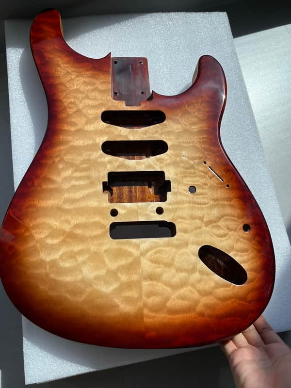 Vibrato system Strat Style Guitar Body | Mahogany Core with Quilted Maple Top, Gloss 3-Color Sunburst Finish, S-S-H Pickup Routing, for DIY Build image 1