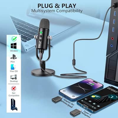 USB Microphone Metal Condenser Mic:Plug&Play Gaming Microphones on PC,Mac,Twitch and YouTube,Recording Microphone Computer PC Mic for Streaming,Podcasting image 2