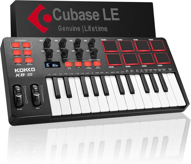 KOKKO MIDI Controller Keyboard, Mini 25 Key With 8 Backlit Drum Pads, 8 Knobs and Pitch Bend Wheel, Modulation Wheel for Music Production, Cubase LE Software Included (Price includes the import duty for US buyer) image 1