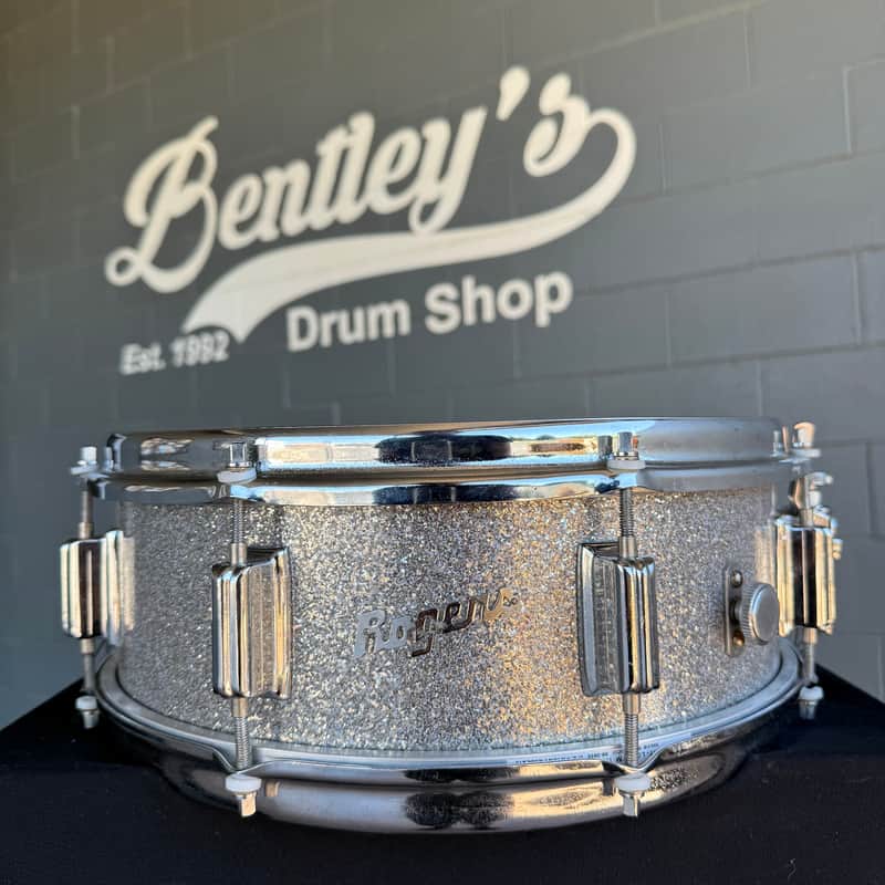 Vintage 60's Rogers Powertone 5x14 Snare Drum in Silver Sparkle with Slingerland Stick Saver Hoops (Rm4) image 1