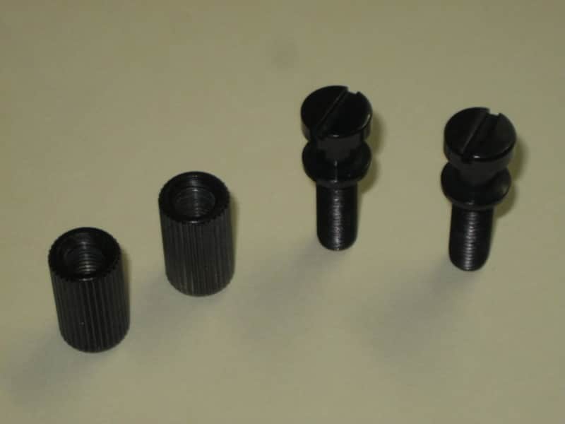 ONE pair of rarely used (rarely handled) Gibson BLACK GLOSS Finish STUDS (aka Mounting Pieces) and Black Finish ANCHORS (aka Inserts) for PTTP BLACK GLOSS Finish Stop Bar Tailpiece (Tailpiece NOT included) came off of a 2000 LP Gothic (NO guitar) image 1
