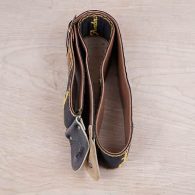 Fender Guitar Strap 1970s Black / Yellow with Brown Leather Back Vintage image 7