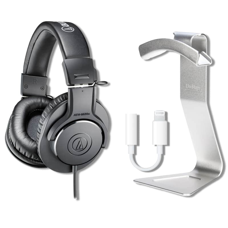 Audio-Technica ATH-M20x Closed-Back Monitor Headphones with On-Stage Stands HH7000 Desktop Headphone Hanger, Calrad 42-222 Lightning to 3.5mm Headphone Adapter and StreamEye Polishing Cloth image 1