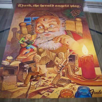 Fender Telecaster, Precision Bass, Rhodes & Twin Reverb Authentic Vintage Poster Christmas Campaign "Hark the Herald Angels Play" Artist Endicott Circa-1970's-Multi Color image 3