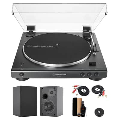Audio-Technica AT-LP60XBT Fully Automatic Bluetooth Belt-Drive Stereo Turntable (Black) with 45 rpm Adapter, 4 Inch Bookshelf Speakers (Pair) and Waith Record Cleaning Kit (Essential Bundle Set) image 1