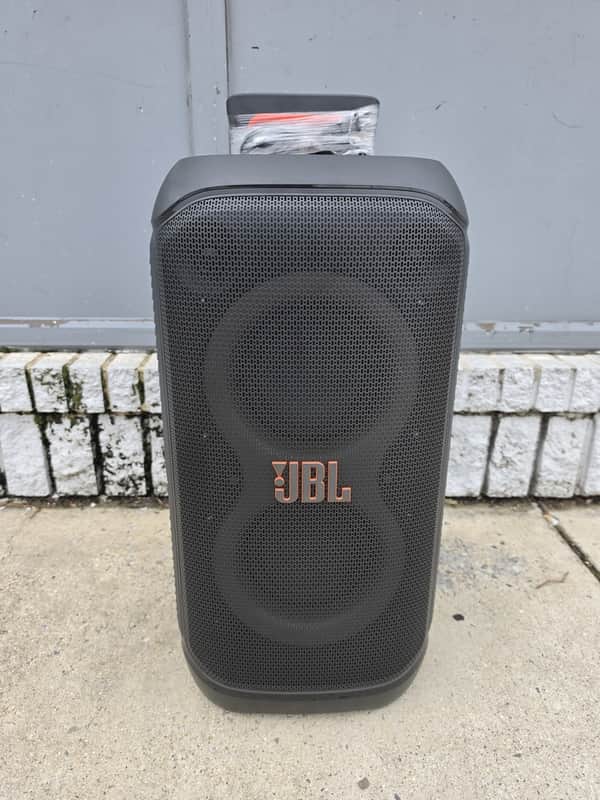 JBL PartyBox Stage 320 - Portable Party Speaker with Telescopic Handle & Wide, Sturdy Wheels, Powerful Pro Sound, Futuristic lightshow, Splash Proof (Black) image 1