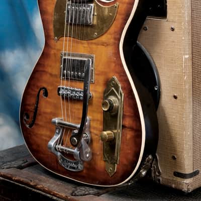 Postal Midnight Special Flamed Maple Tiger-burst-Duncan Pearly Gates pickups Bigsby Carved Scroll Headstock image 3