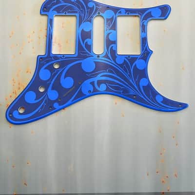 Glossy Black XGP Stratocaster Style Laser Engraved Guitar Body with Royal Blue Acrylic Mirror Pickguard and Tremolo Cover HSH, HSS, SSS Setups Available image 6