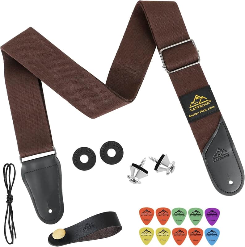Guitar Strap 17 Set, Adjustable Cotton Straps with Picks Holders, 2 Strap Buttons, 2 Rubber Strap Locks, Belt Buckle, Headstock Tie and 10 Picks for Acoustic/Electric Guitar/Bass(brown set) image 1