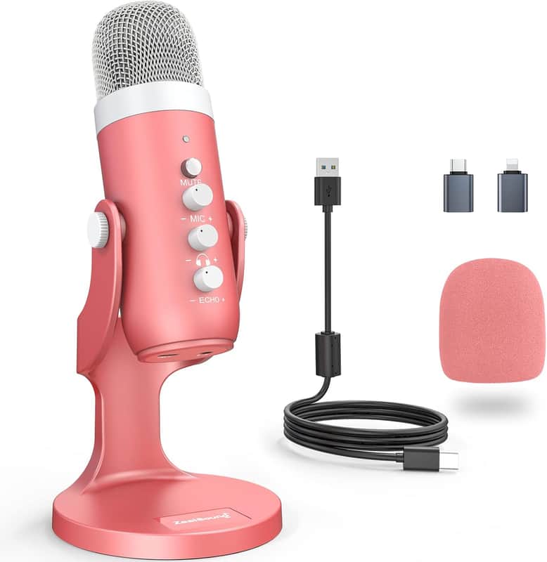 ZealSound Gaming USB Pink Microphone with Quick Mute for | Reverb