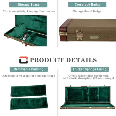 Crossrock Master Series - Wooden Jazzmaster/Jaguar Style Electric Guitar Case - Security Lock, Genuine Leather Handle, Reinforced Hardware, Metal Feet, Storage Space- Olive Green Tweed image 3