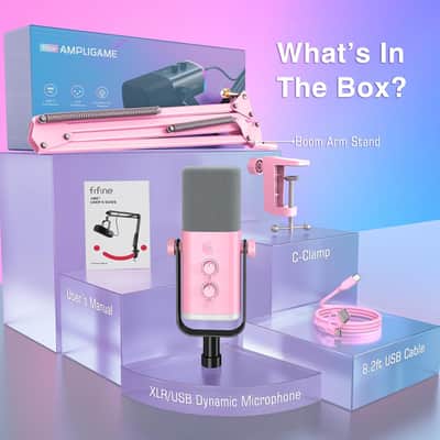 XLR Gaming Microphone USB, PC Dynamic Microphone Kit for Vocal, Recording, Podcast, Streaming RGB Mic with Headphone Jack, Mute Button, Boom Arm Stand for Computer/Mixer-AmpliGame AM8T Pink image 7